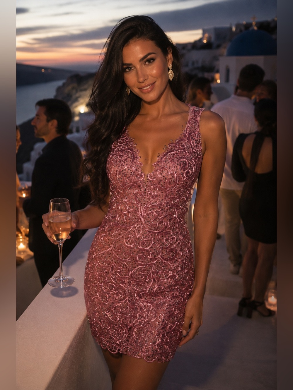 Mori Lee Rose Pink Beaded V-Neck Mini Dress - Picture 2 of 16